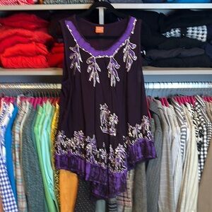 California Woman purple palm tree print curved hem sleeveless dress size OS NWOT